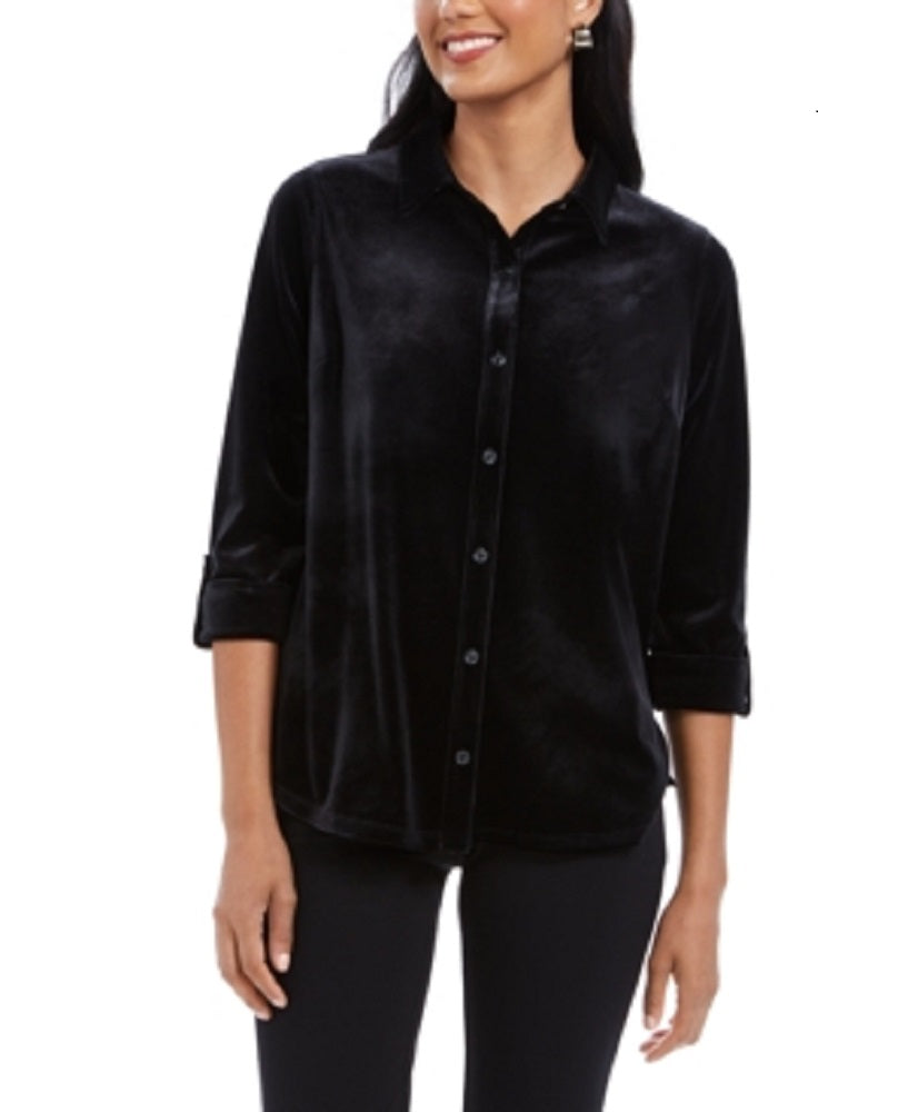 Charter Club Women's Button Front Velvet Top Black Size Petite L