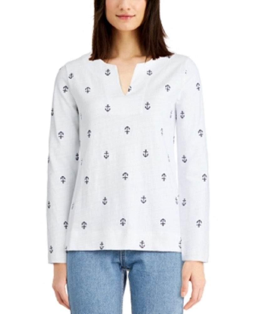 Charter Club Women's Cotton Embroidered Anchor Top White Size Medium