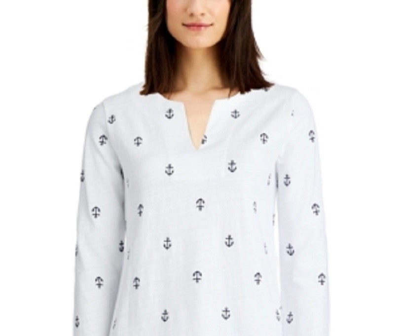 Charter Club Women's Cotton Embroidered Anchor Top White Size Medium