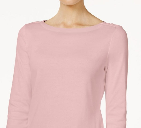 Charter Club Women's Petite Pima Cotton Button-Shoulder Top Pink Size Petite S