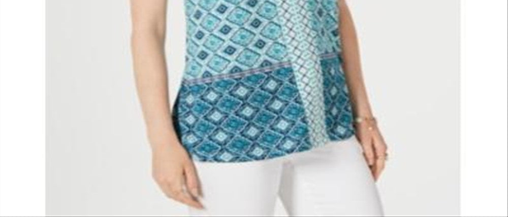 Style & CoWomen's Printed Tassel Tie Top  Blue Size Large