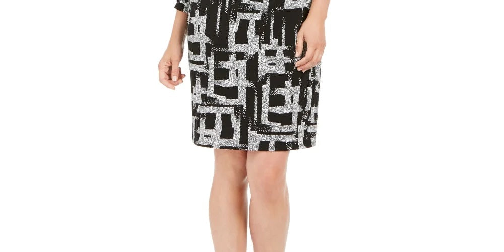 JM Collection Women's Stippled Spots Printed Zip Front Dress Black Size Large