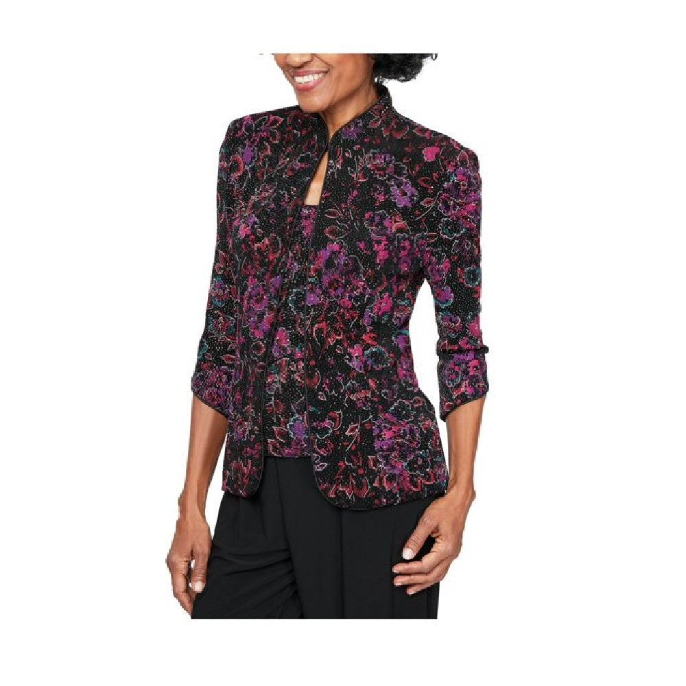 Alex Evenings Women's Embellished Floral Spaghetti Strap Scoop Neck Evening Top Black Size Petite Medium