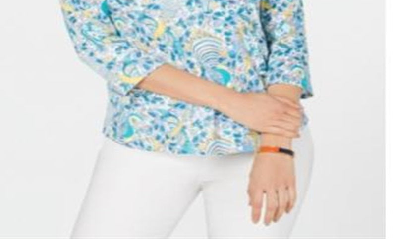 Charter Club Women's Pima Cotton Printed Boat Neck Top Blue Size Medium