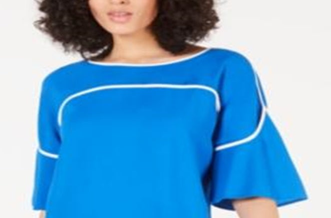 Alfani Women's Piped Flutter Sleeve Top Blue Size Petite