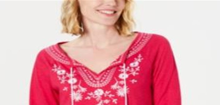 Charter Club Women's Embroidered Slub Top Pink Size Petite L