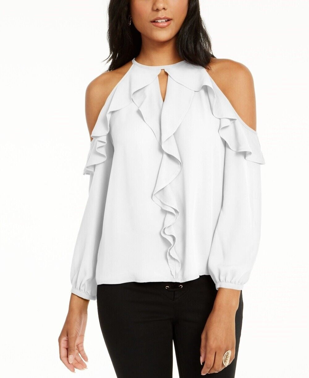 Thalia Sodi Women's Ruffle Trim Cold Shoulder Top White Size X-Large