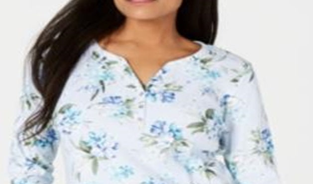 Karen Scott Women's Havana Falls Floral Print Henley Top Blue Size Small
