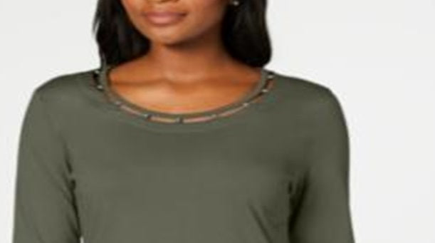 Karen Scott Women's Beaded Top Green Size Medium