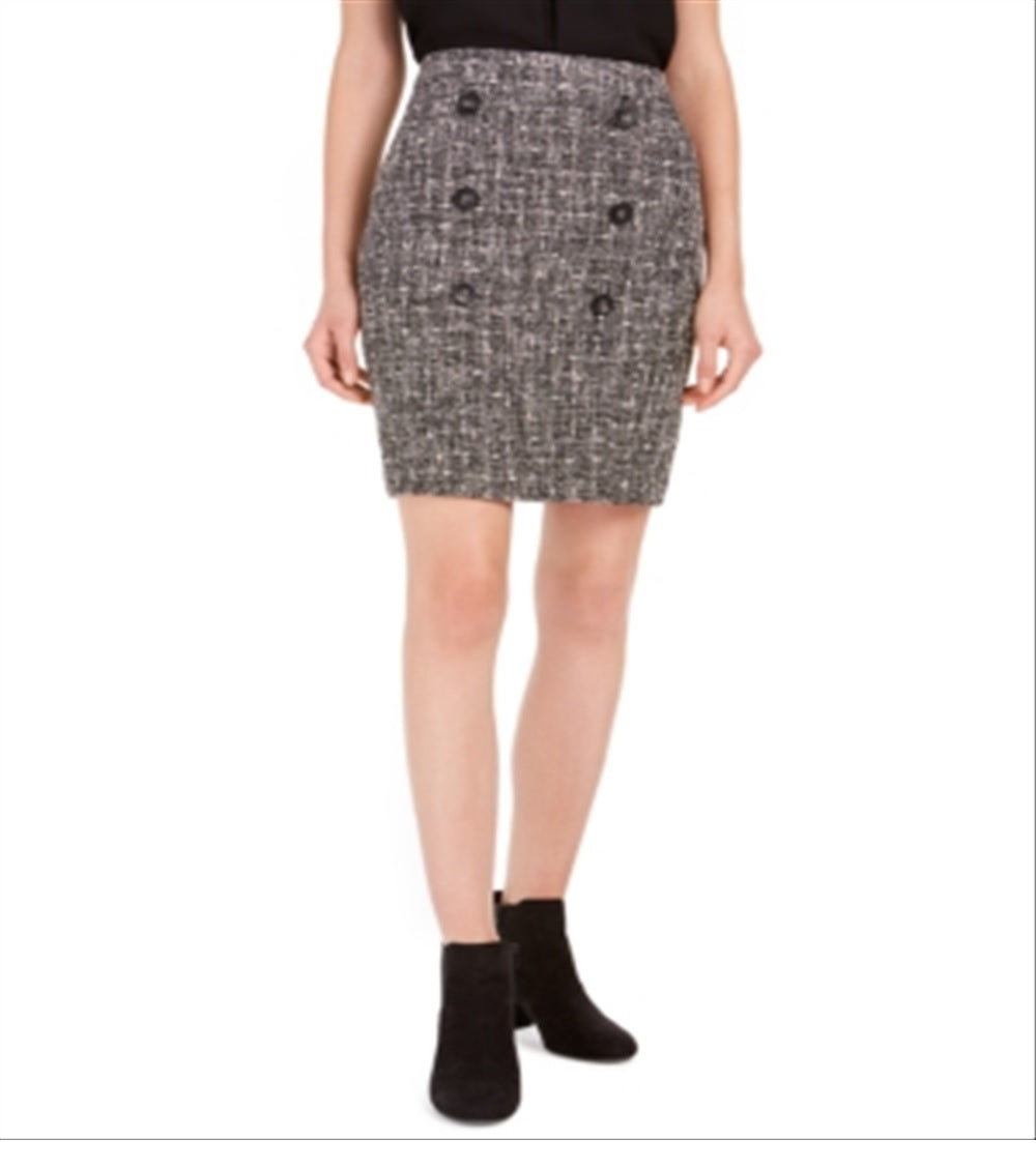 Bar III Women's Button Detail Tweed Pencil Skirt Black Size 6