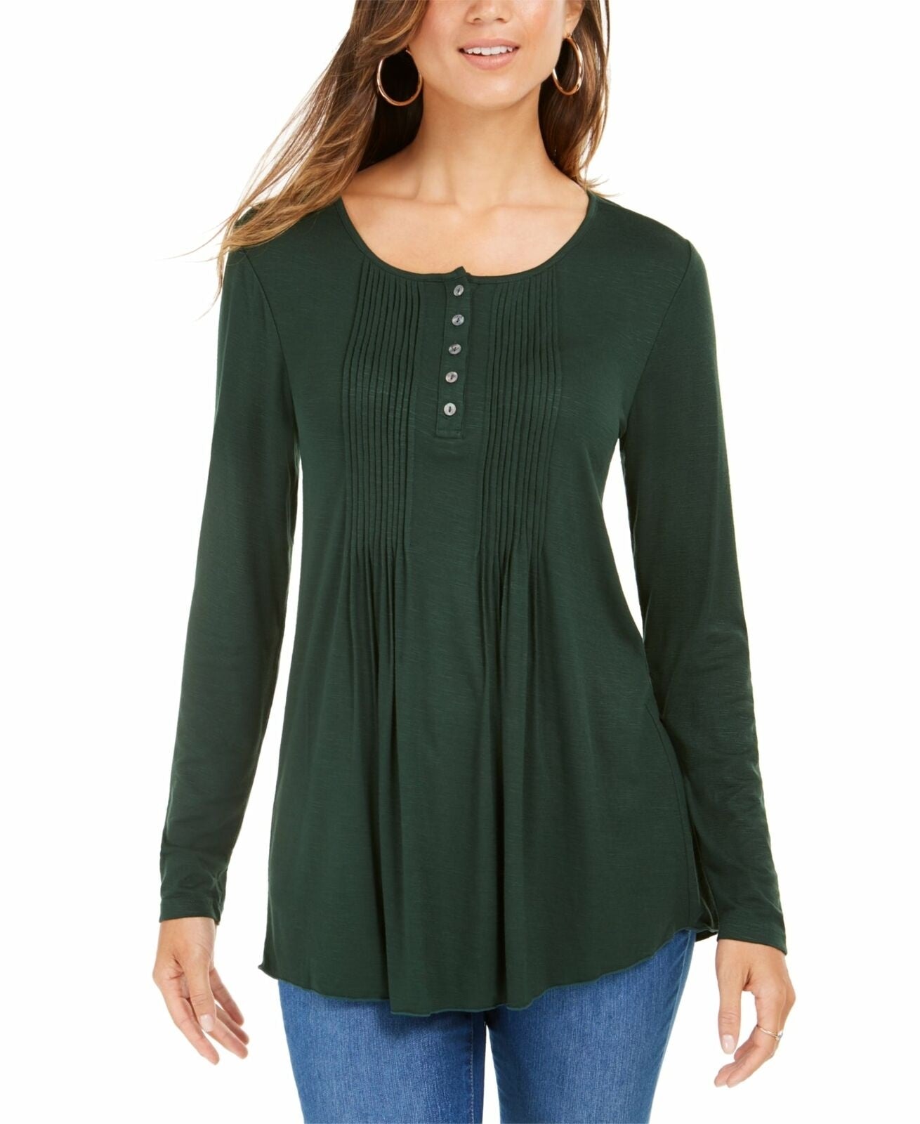 Style & Co Women's Long Sleeve Pintuck Top Green- Size Small