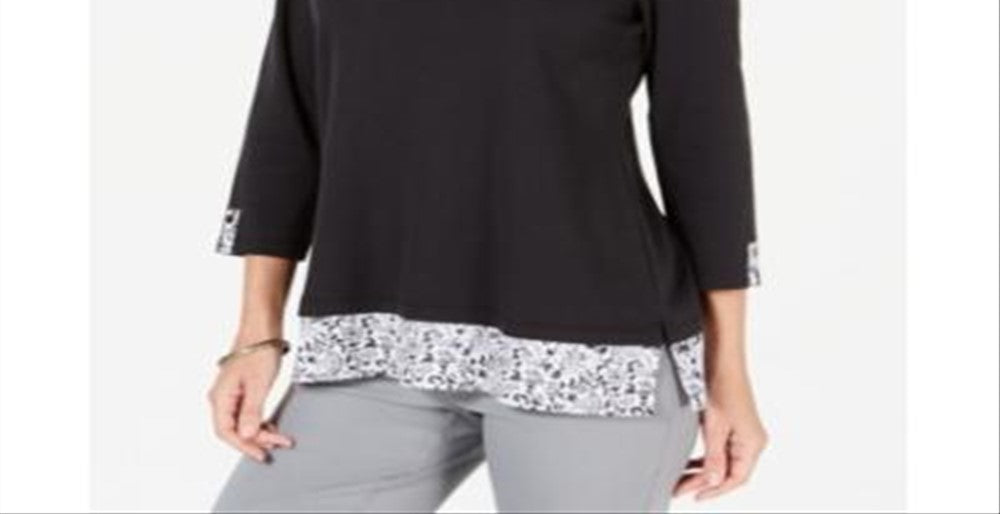 Karen Scott Women's Printed Trim Top Black Size -Petite XL