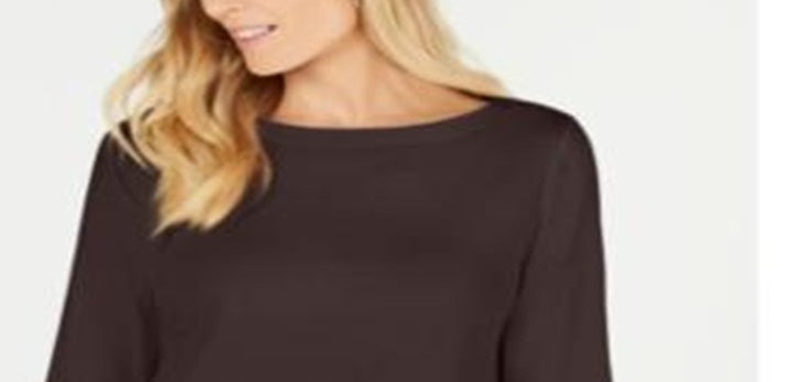 Karen Scott Women's Cotton Boat Neck 3/4 Sleeve Knit Top Brown Size Small
