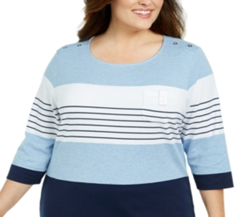 Karen Scott Women's Scoop Neck Colorblocked Top Blue Size 1X