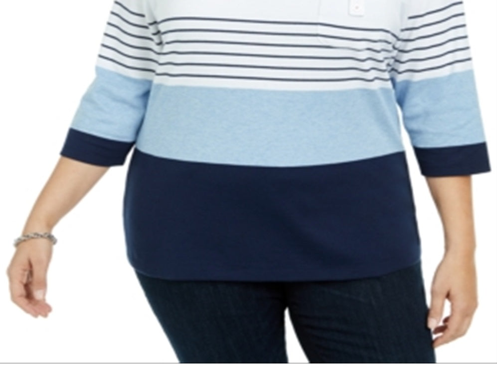 Karen Scott Women's Scoop Neck Colorblocked Top Blue Size 1X