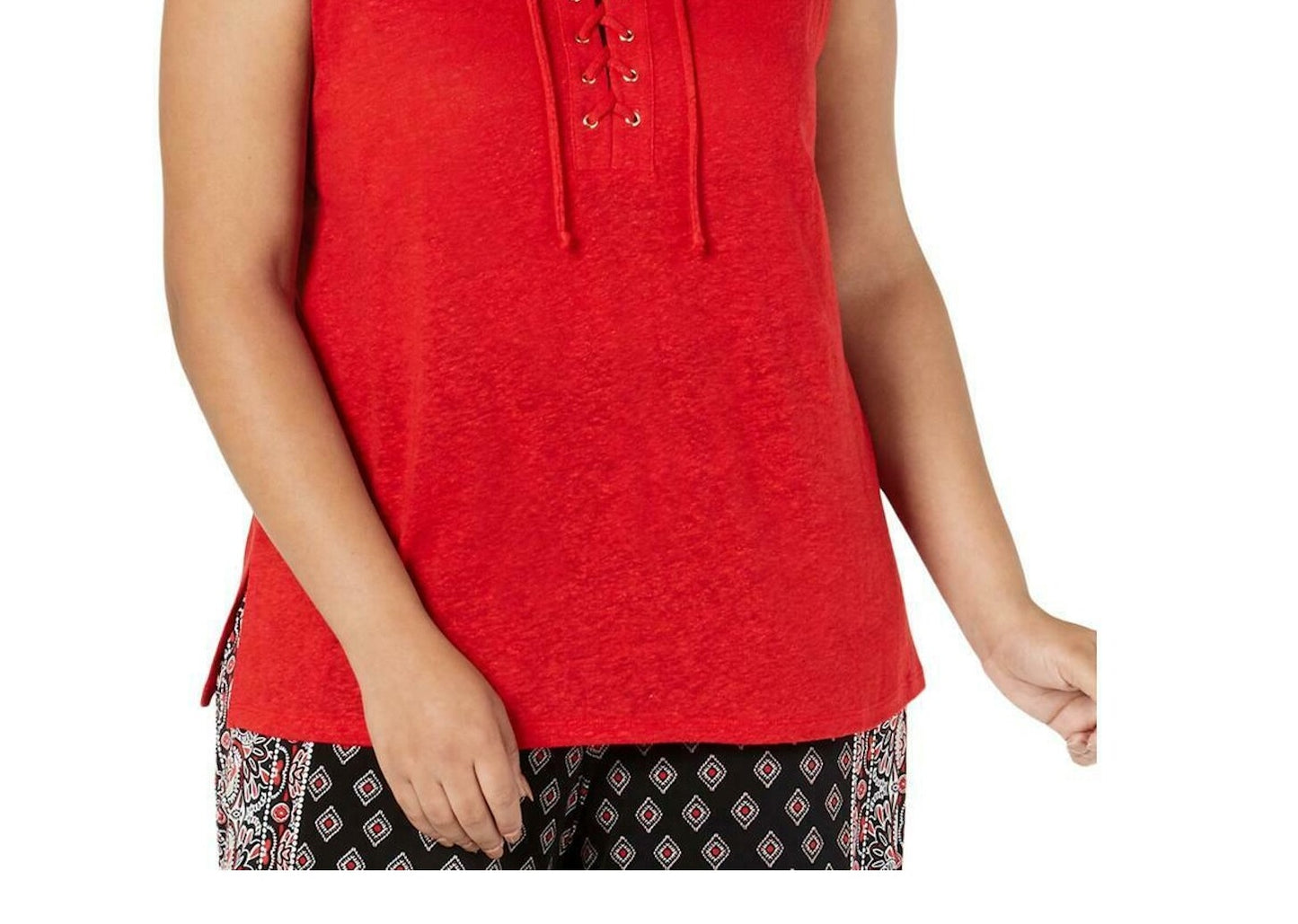 INC International Concepts Women's Lace up Sleeveless Scoop Neck Top Red Size Petite Medium