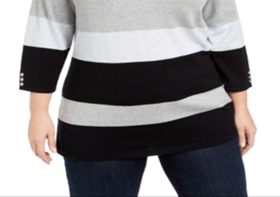 Karen Scott Women's Striped Ballet Neck Cotton Sweater Black Size 3X