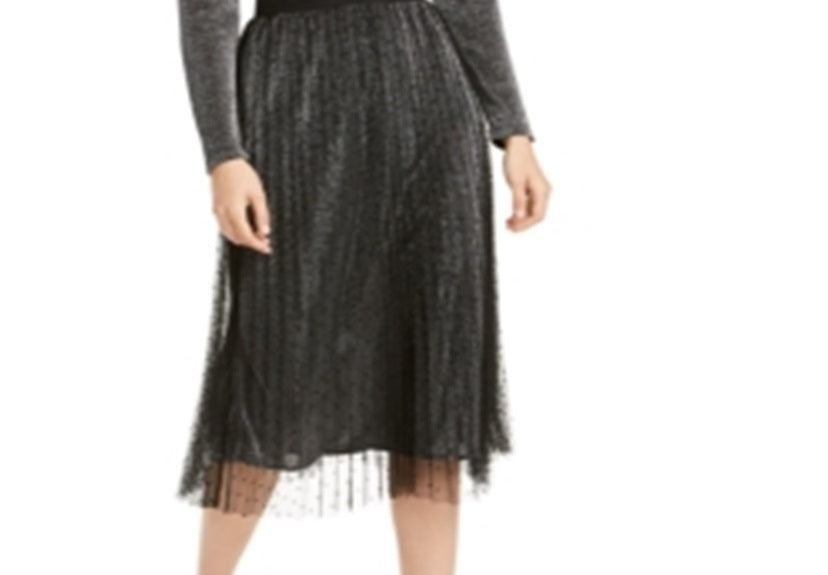 Alfani Women's Swiss Dot Metallic MIDI Skirt Gray Size Petite Small