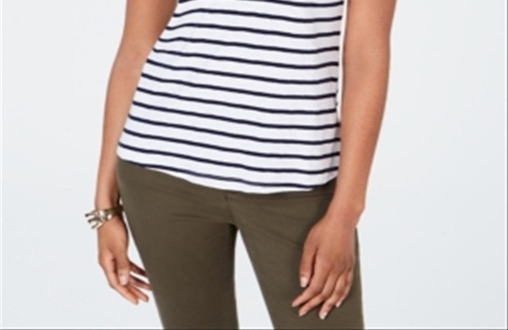 Charter Club Women's Cotton Crochet Striped Top White Size Medium