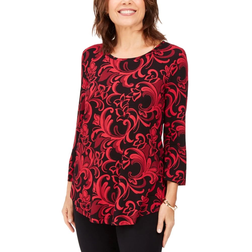 JM Collection Women's Petite Crewneck Printed Top  Red Size Petite Small