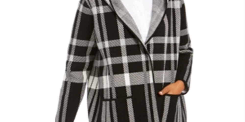 Charter Club Women's Petite Plaid Hooded Coat Black Petite XL