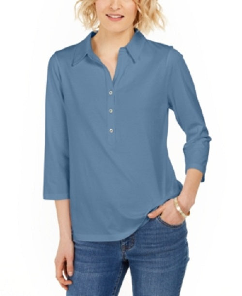Charter Club Women's Supima Cotton 3/4 Sleeve Polo Shirt Blue Size X-Large