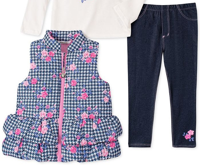 Kids Headquarters Little Girl's 3 Pc Houndstooth Vest T-Shirt & Denim Leggings Set Blue Size 6