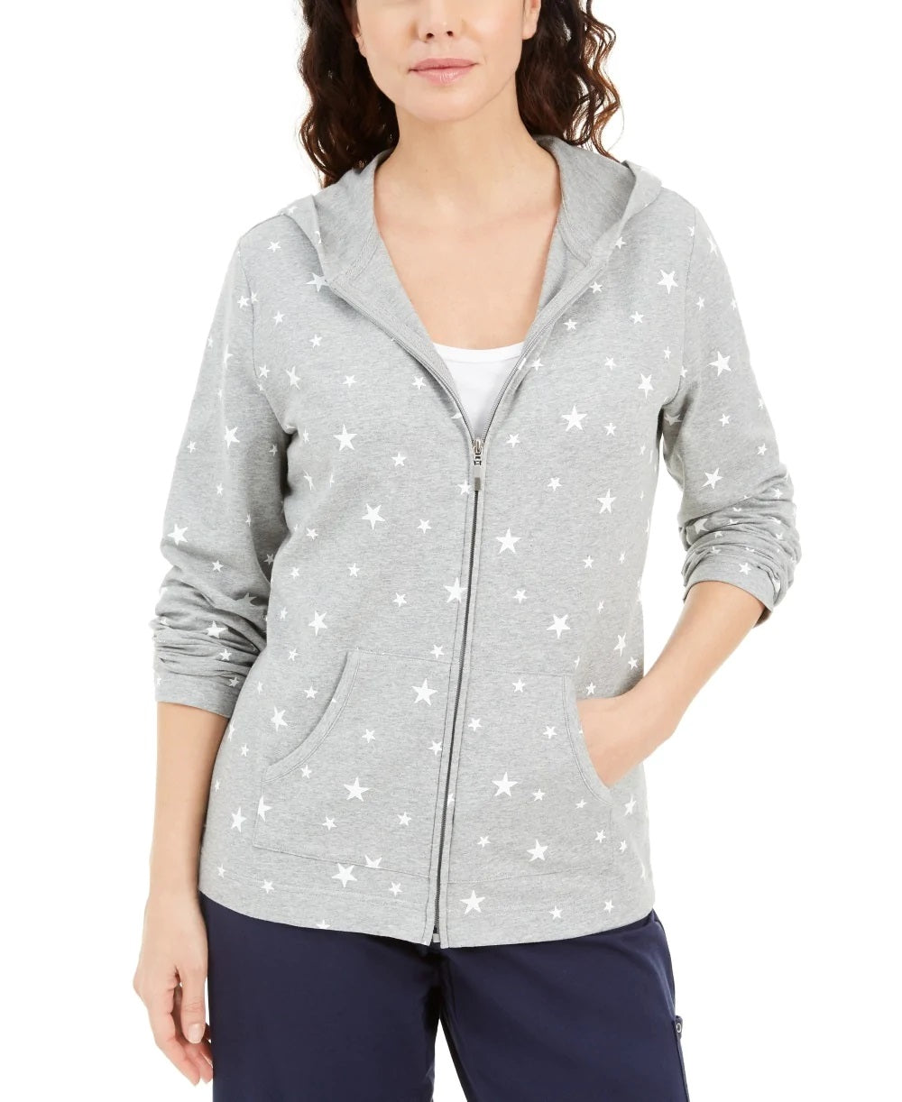 Karen Scott Women's Star Gaze Printed Zip Hoodie  Gray Size Large