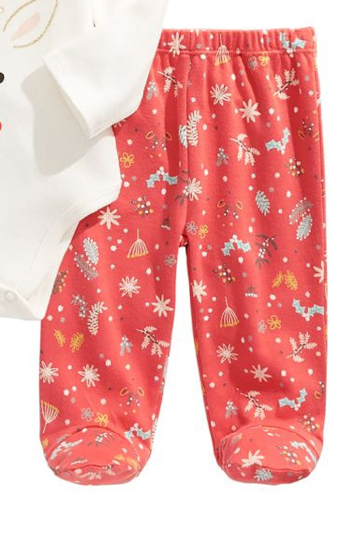 First Impressions Baby Girl's 2 Pc Cotton Reindeer Bodysuit & Footie Pants Set Pink Size 6-9MOS