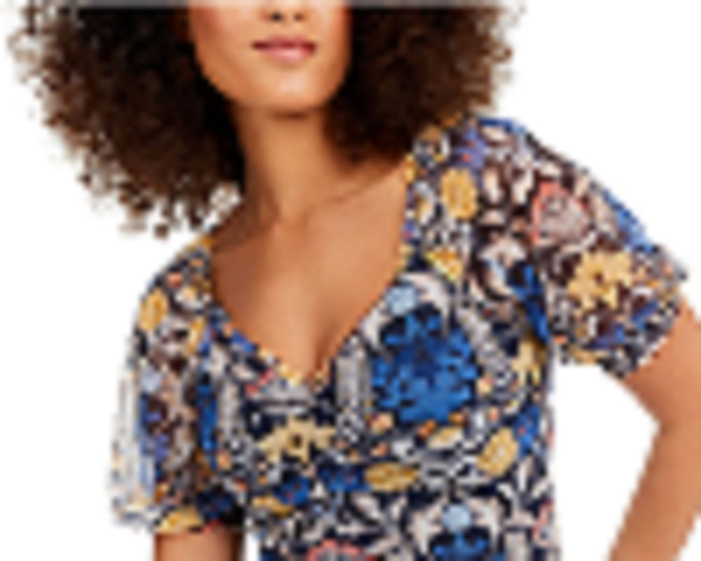 INC International Concepts Women's Printed Ruched Front Top Blue Size XS