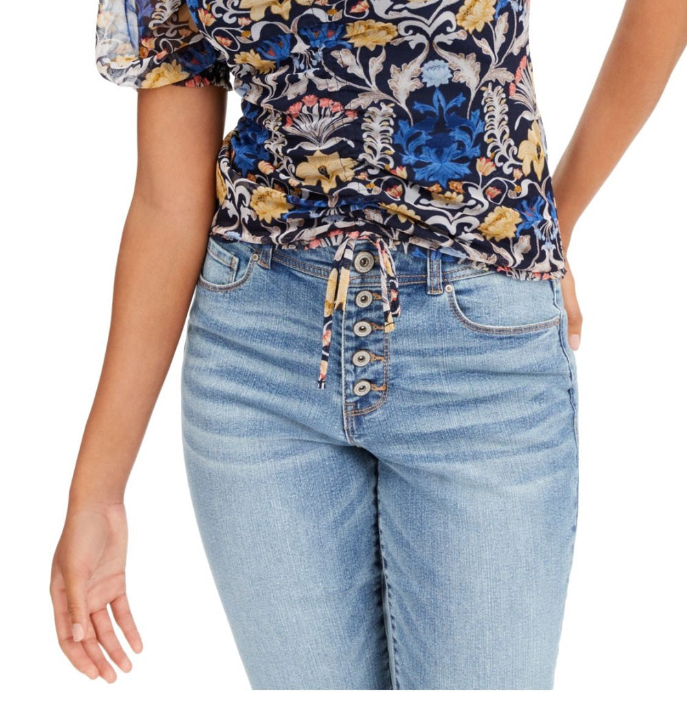 INC International Concepts Women's Printed Ruched Front Top Blue Size XS