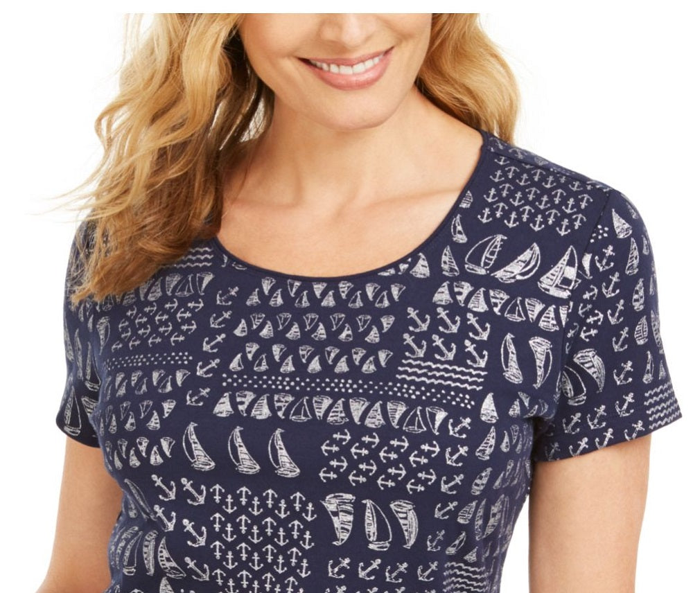 Karen Scott Women's Sailboat Print Top Blue Size Small