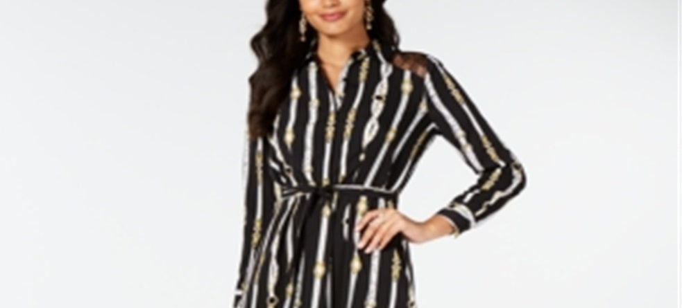Thalia Sodi Women's Printed Handerkerchief Hem Shirtdress Black Size L