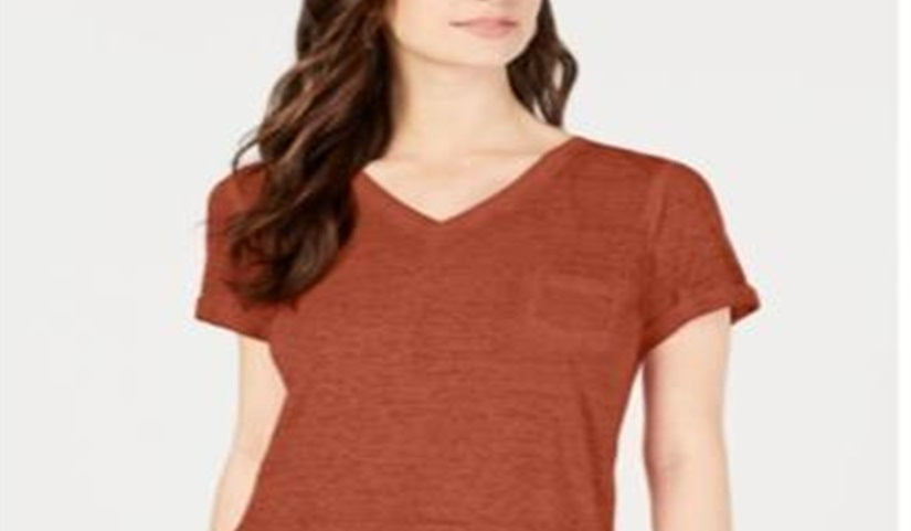 Style & Co Women's Burnout V Neck T-Shirt Brown  Size -Petite M