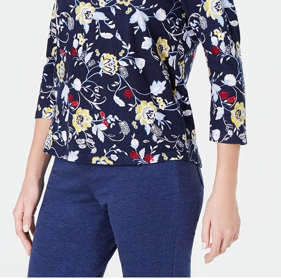 Charter Club Women's Cotton Printed Top Blue Size Petite M
