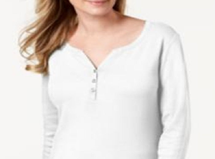 Karen Scott Women's Cotton Henley Top White Size M