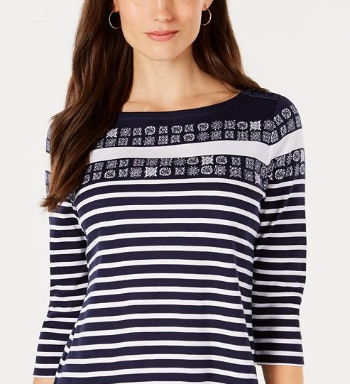 Charter Club Women's Printed 3/4-Sleeve Cotton Top  Blue Size M