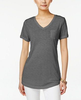 Style & Co Women's V Neck Pocket T-Shirt Gray Size PP