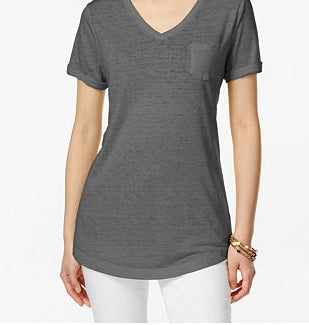 Style & Co Women's V Neck Pocket T-Shirt Gray Size PP