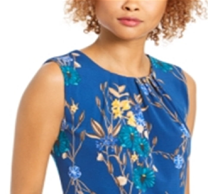 Calvin Klein Women's Floral Print Pleat Neck Top Blue Size X-Small
