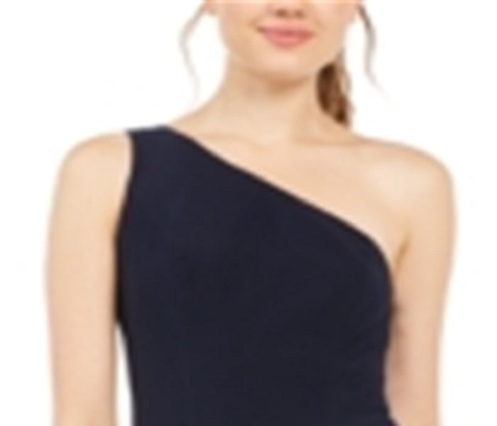Blondie Women's Slitted Solid Asymmetrical Neckline Full Length Sheath Formal Dress Blue Size 1