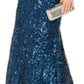 Nightway Women's Sequined Solid Spaghetti Strap V Neck Full Length Sheath Evening Dress Blue Size 8