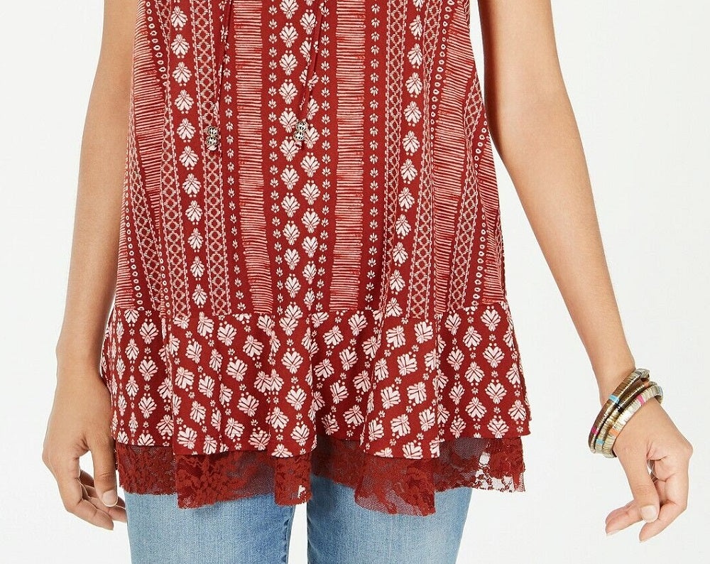 Style & Co Women's Printed Lace Trim Tunic Red Size Small