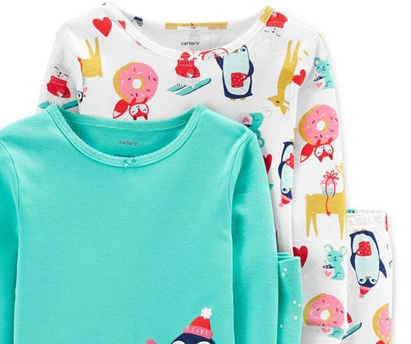 Carter's Girl's Sleep Bottoms Print Mint Penguin Two Pair Pajama Set Blue Size 2T