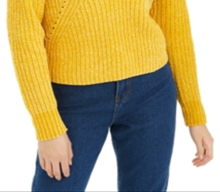 Bar III महिलाओं के आईलेट वी नेक क्रॉप स्वेटर पीला, लार्ज साइज़