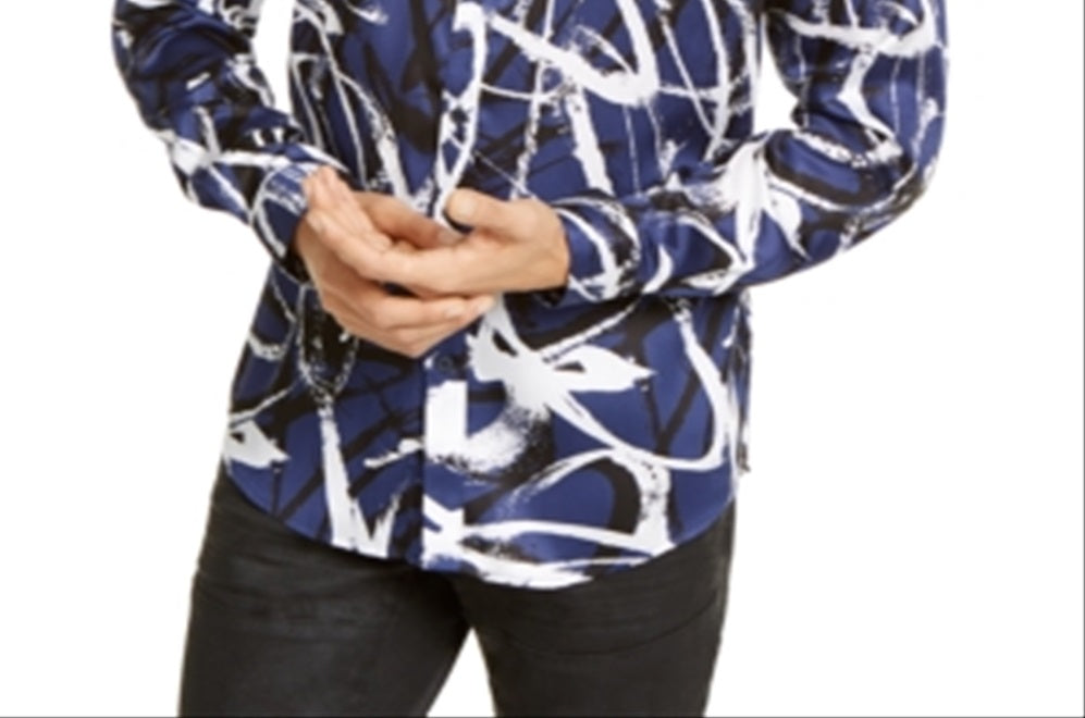 INC International Concepts Men's Satin Printed Button Down Shirt Blue Size 2XB