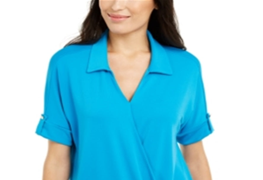 Alfani Women's Collared Knit Top Wild Turqoise Blue Size Petite X-Small