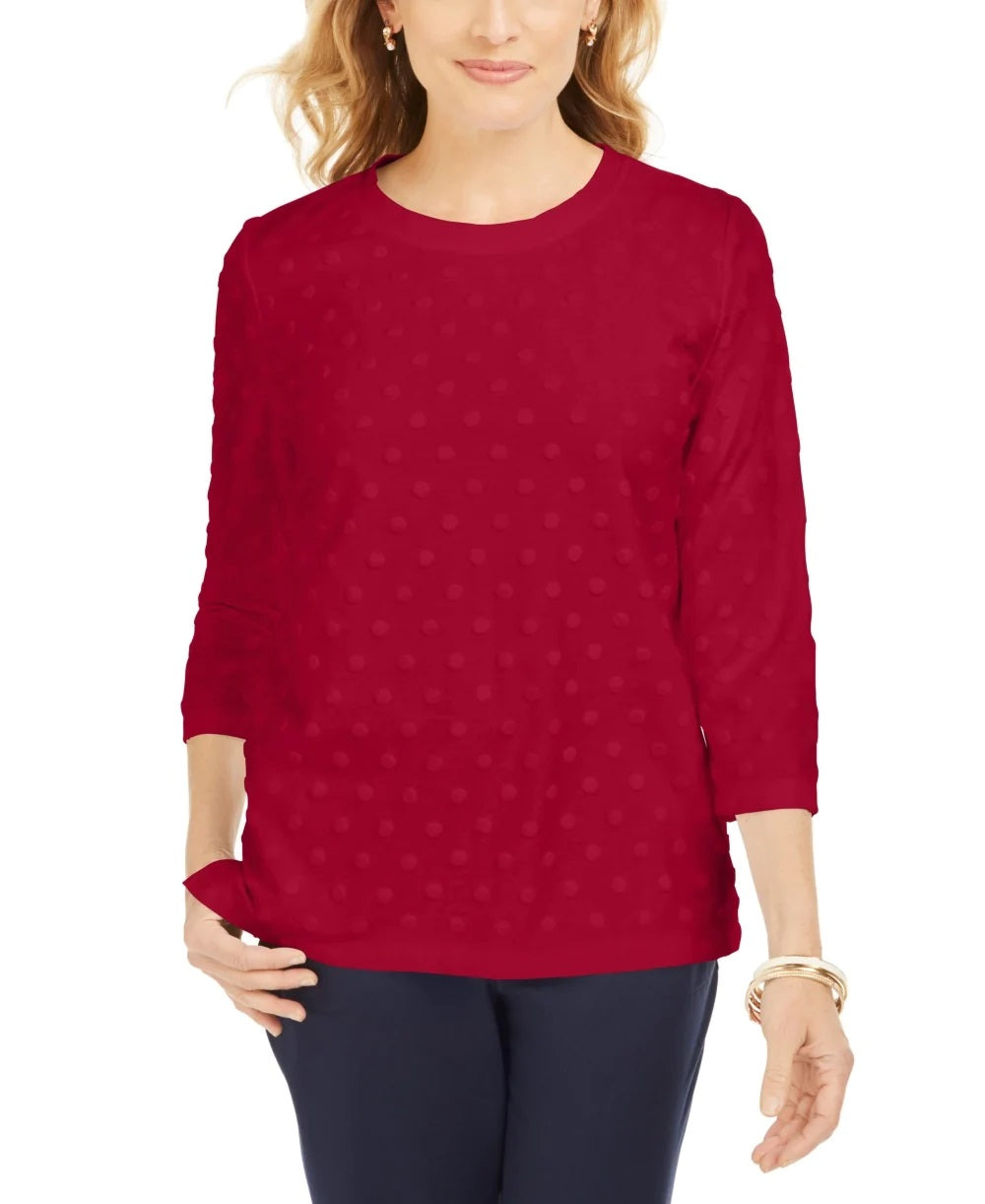 Karen Scott Women's Petite Textured Dot Sweatshirt  - New Red Amore Size Petite Small