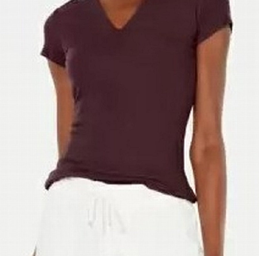 INC Women's Shirt V-Neck Ribbed Short Sleeve Top Purple Size Large
