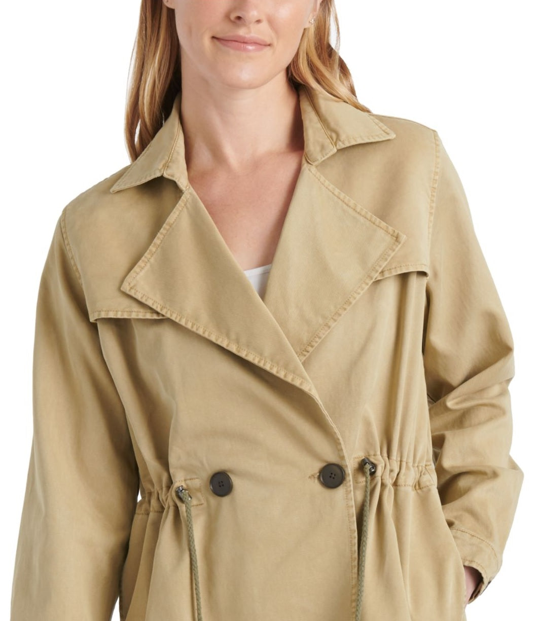 Lucky Brand Women's Stretch Pocketed Drawstring Double-breasted Trench Coat Brown Size S